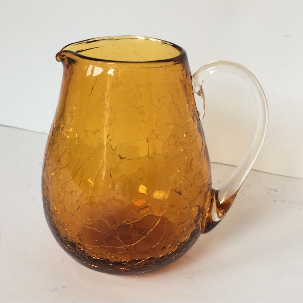 Amber Crackle Glass mini Pitcher Yellow Gold Hand Blown 3.5” high creamer EUC